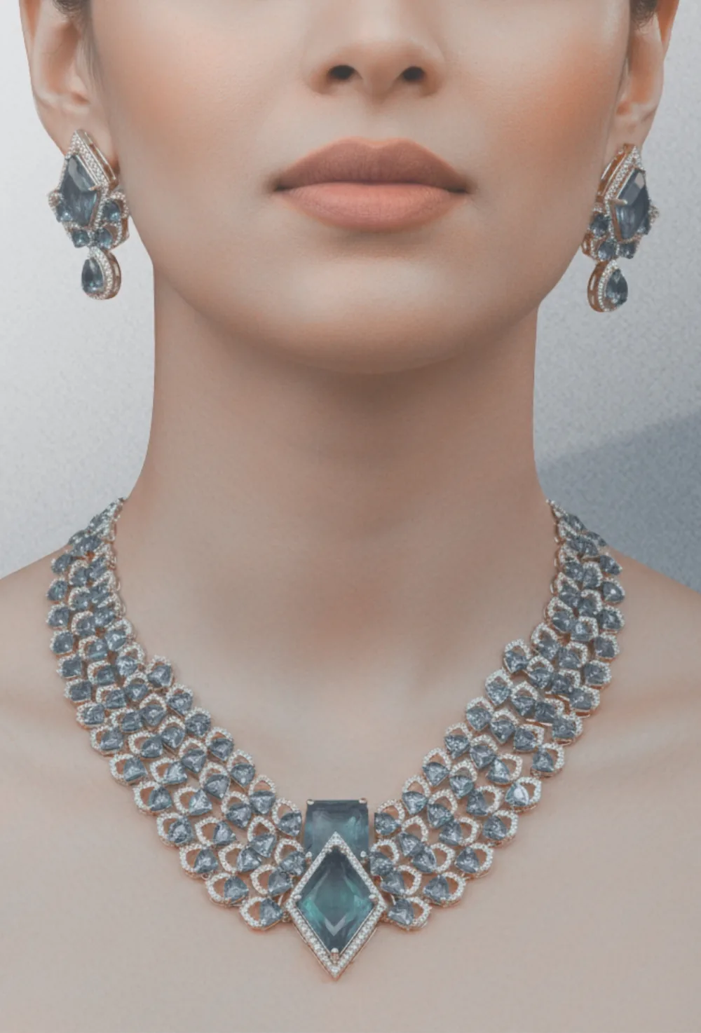 Model wearing the new launch blue-stone necklace and matching earrings